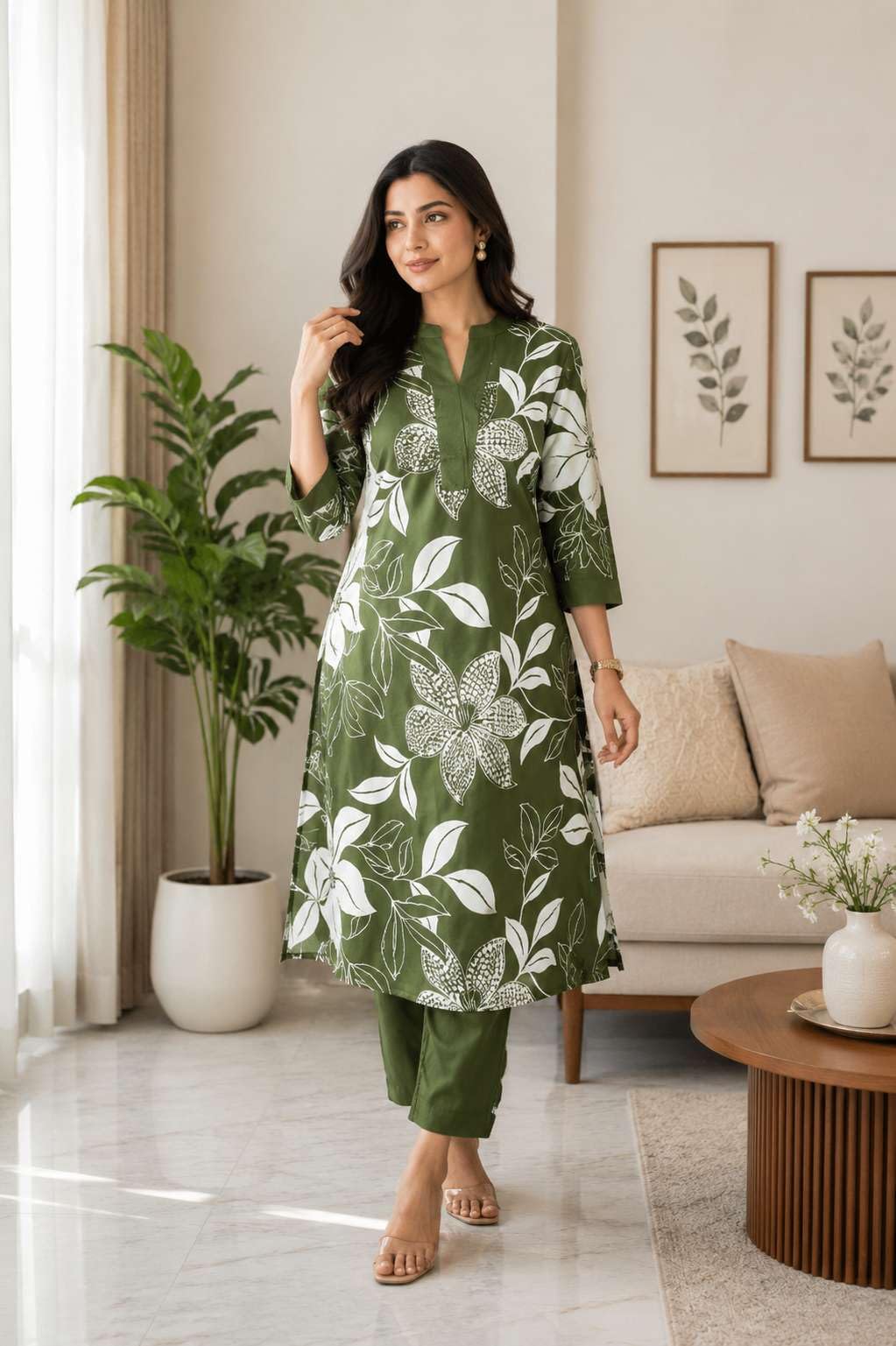 Women's Cotton Floral Printed Straight Kurti With Pant Set