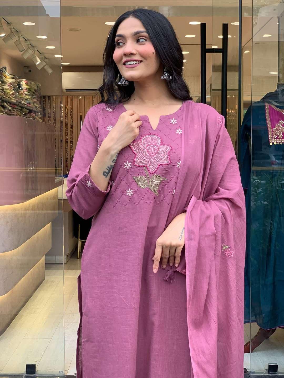 Women's Cotton Floral Printed Straight Kurti With Pant and Dupatta Set (Purple)