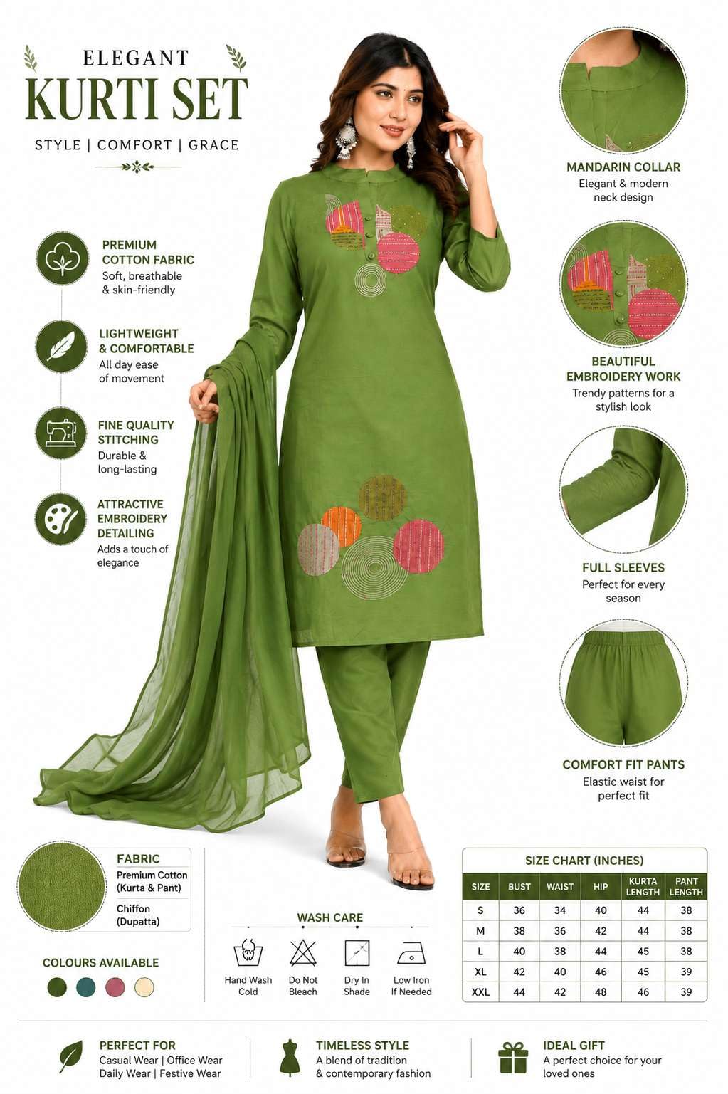 Women's Cotton Embroidery Straight Kurti With Pant Set
