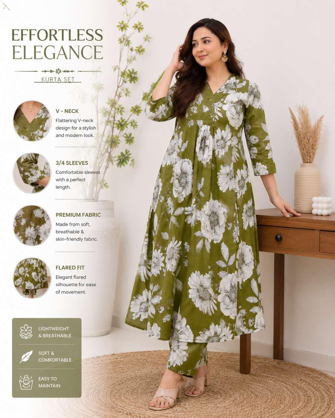 Women's Cotton Floral Printed Straight Kurti With Pant Set