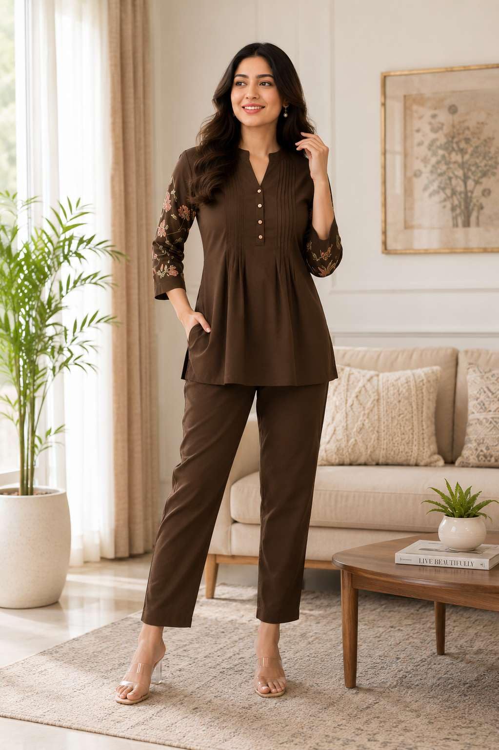 Women's Cotton Embroidery Straight Short kurti With Pant set