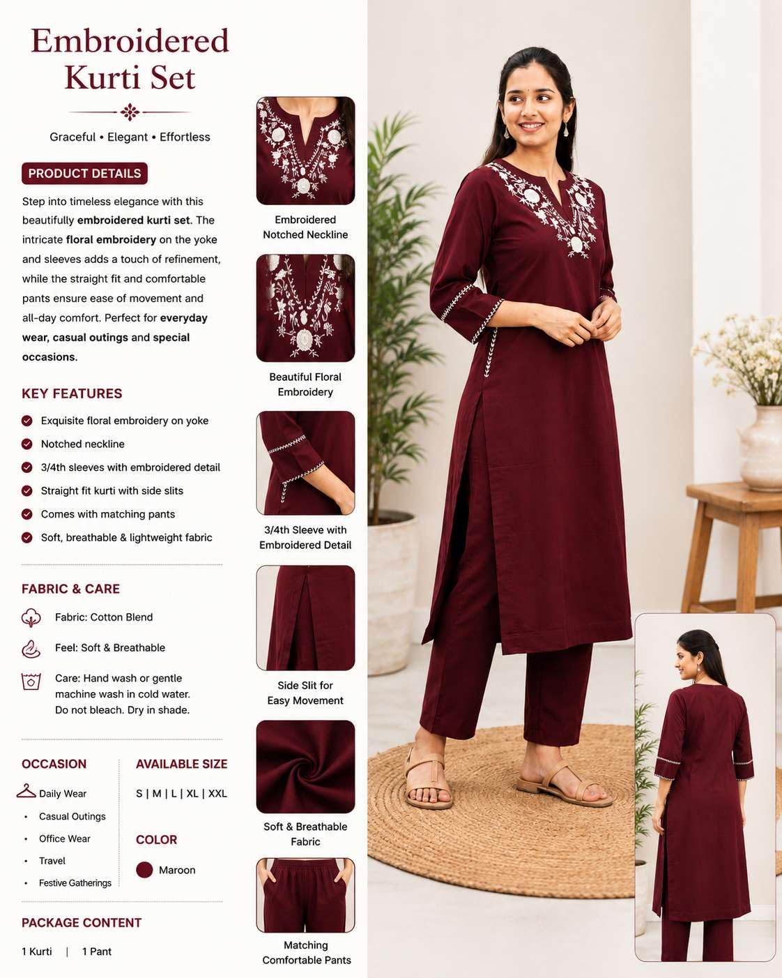 Women's Cotton Embroidered  Straight Kurti With Pant