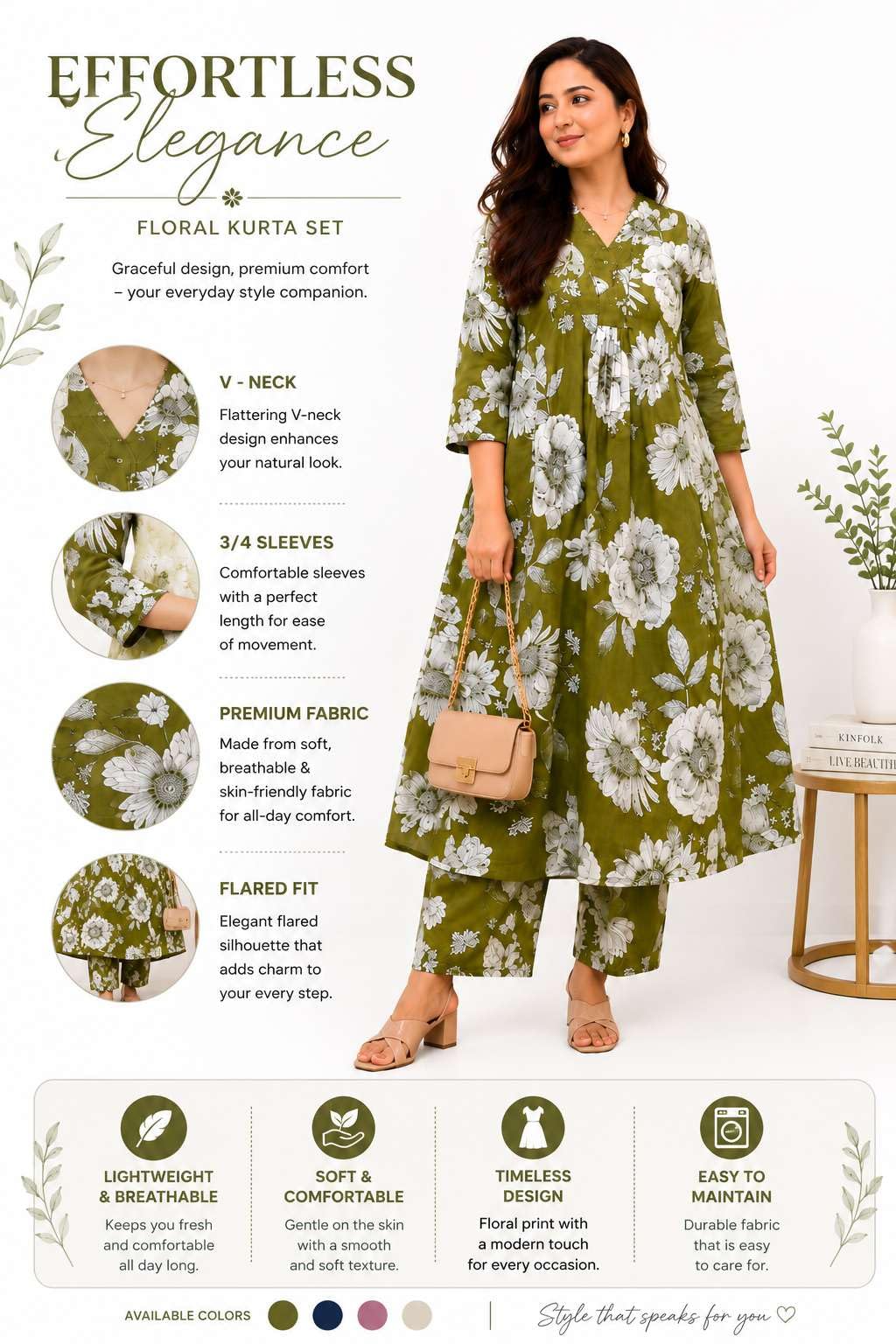 Women's Cotton Floral Printed Straight Kurti With Pant Set