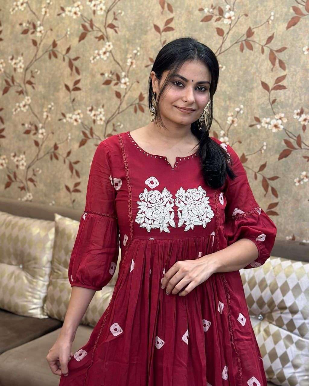 Women's Cotton Printed Long Anarkali Kurti With Pant