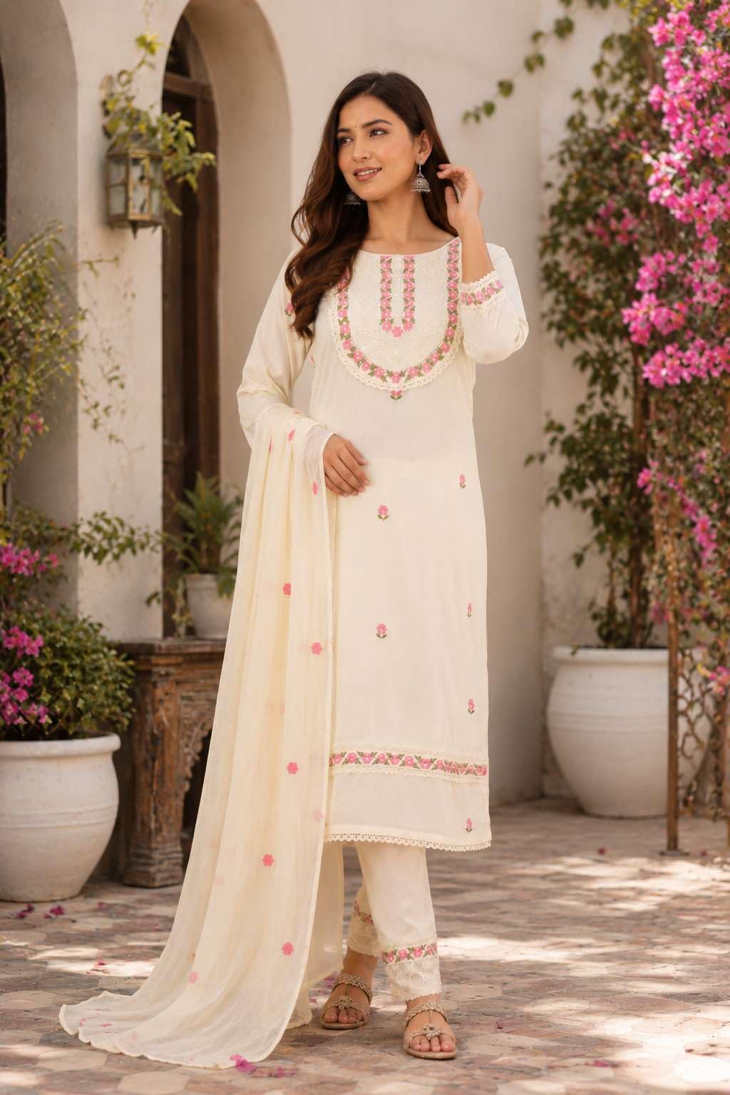 Women's Cotton Embroidery Straight Kurti With Pant Set