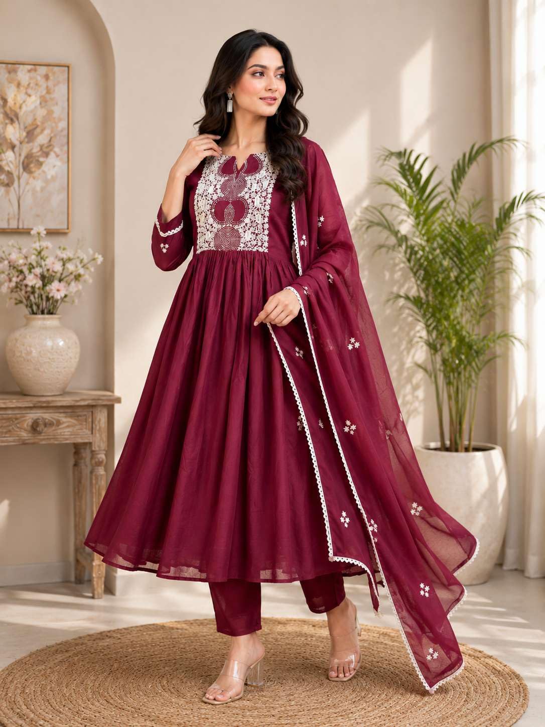 Women's Cotton Printed Anarkali Kurti With Pant and Mulmul Dupatta Set