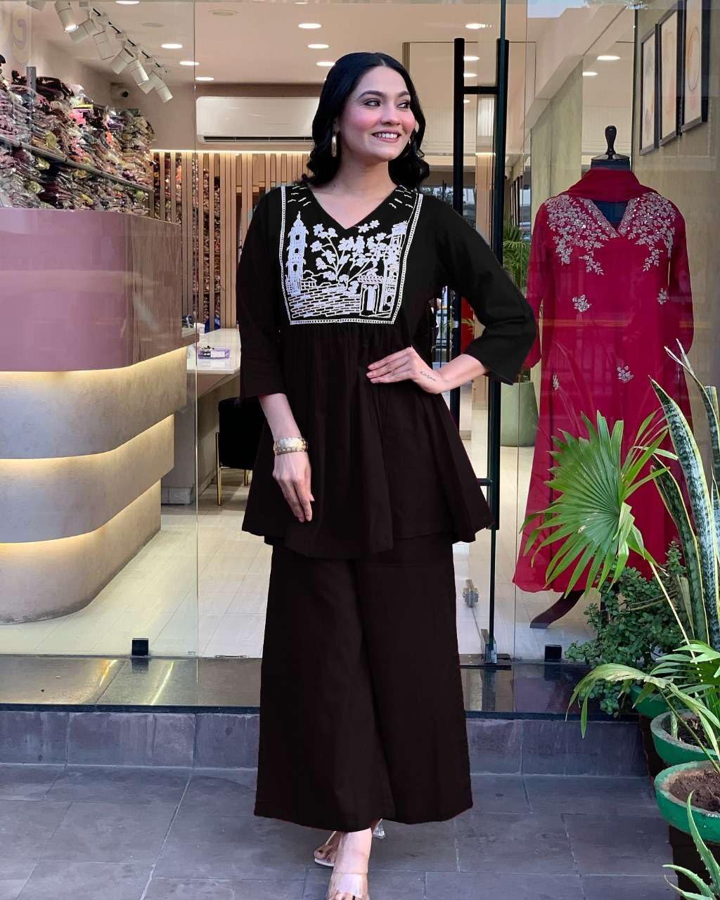 Women's Cotton Embroidered Flared Kurta With Pant Set
