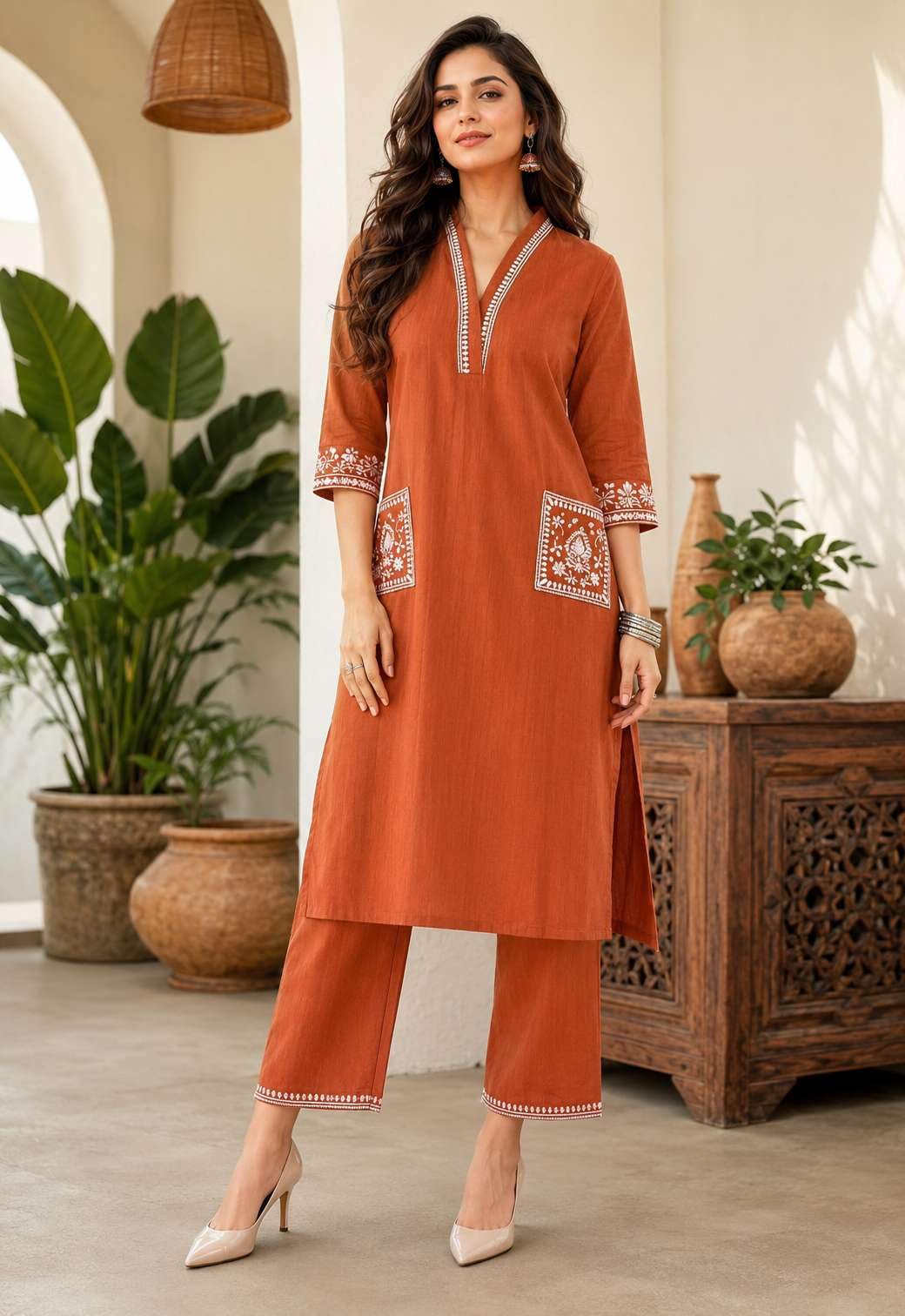 Women's Cotton Embroidery Straight Kurti With Pant Set
