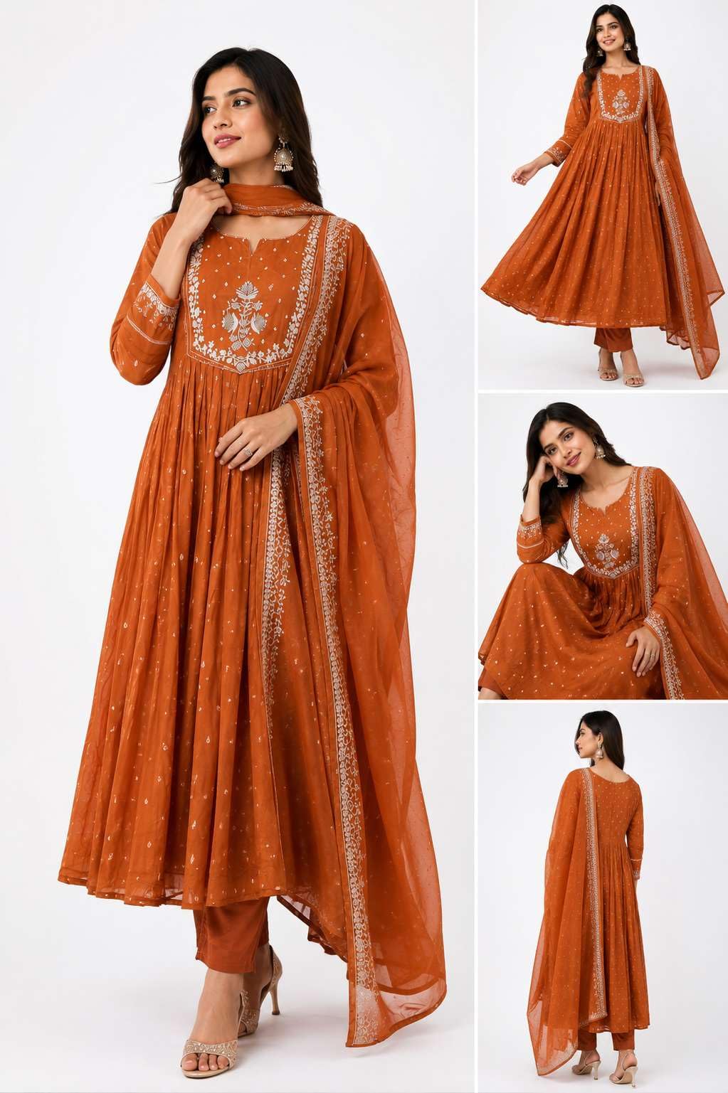 Women's Cotton Embroidery Anarkali Kurti and Pant with Dupatta Set