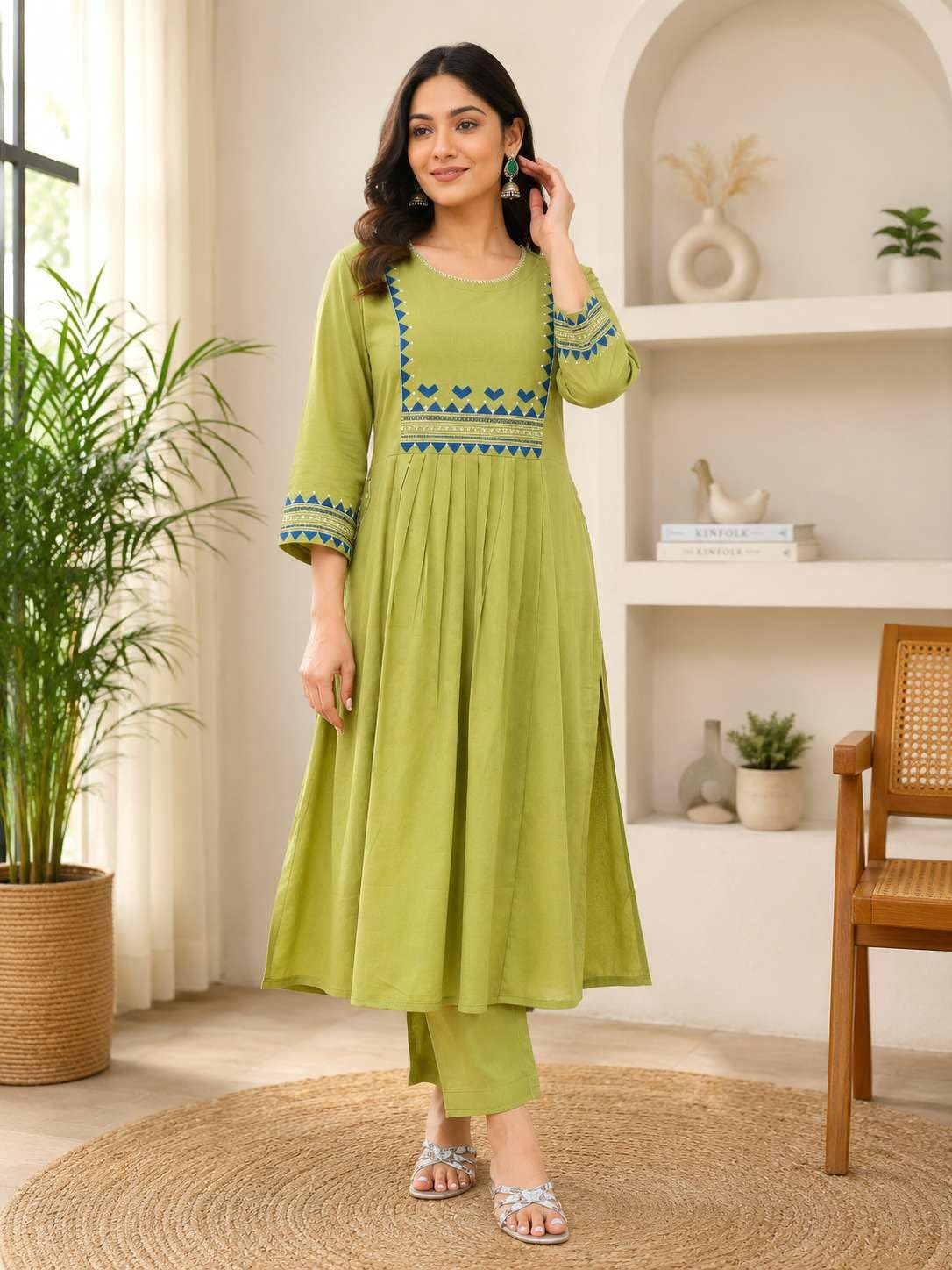 Women's Rayon Embroidered A-Line Kurti With Pant Set