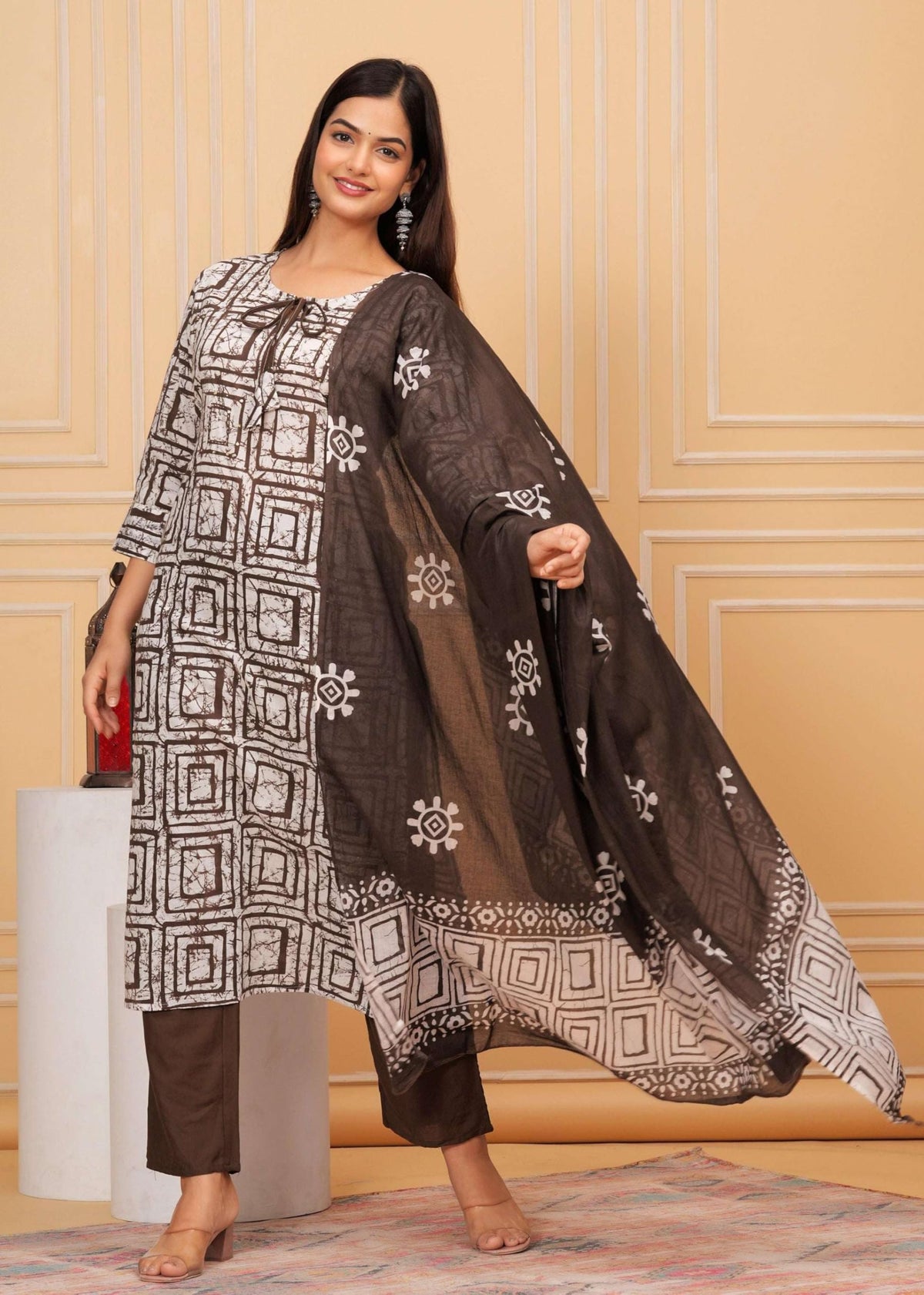 Women's Cotton Hand Block Printed Straight Kurti with Pant and Printed Dupatta