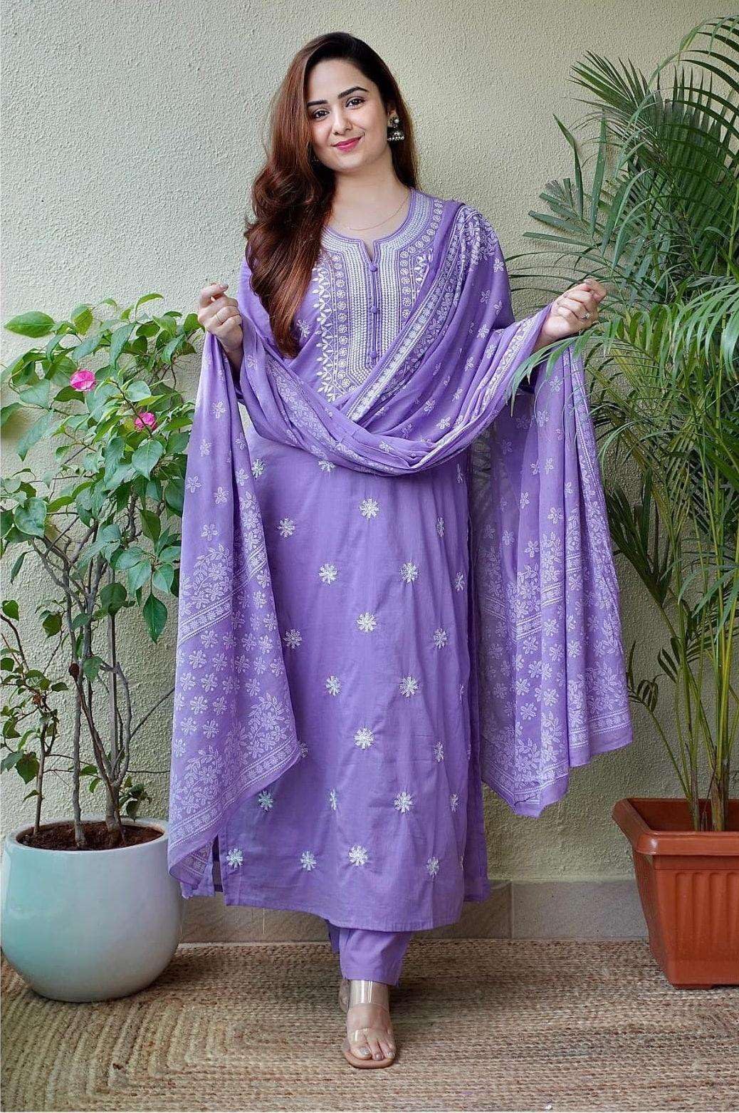 Women’s Cotton Floral Printed Straight Kurti With Pant and Dupatta (Lavender)