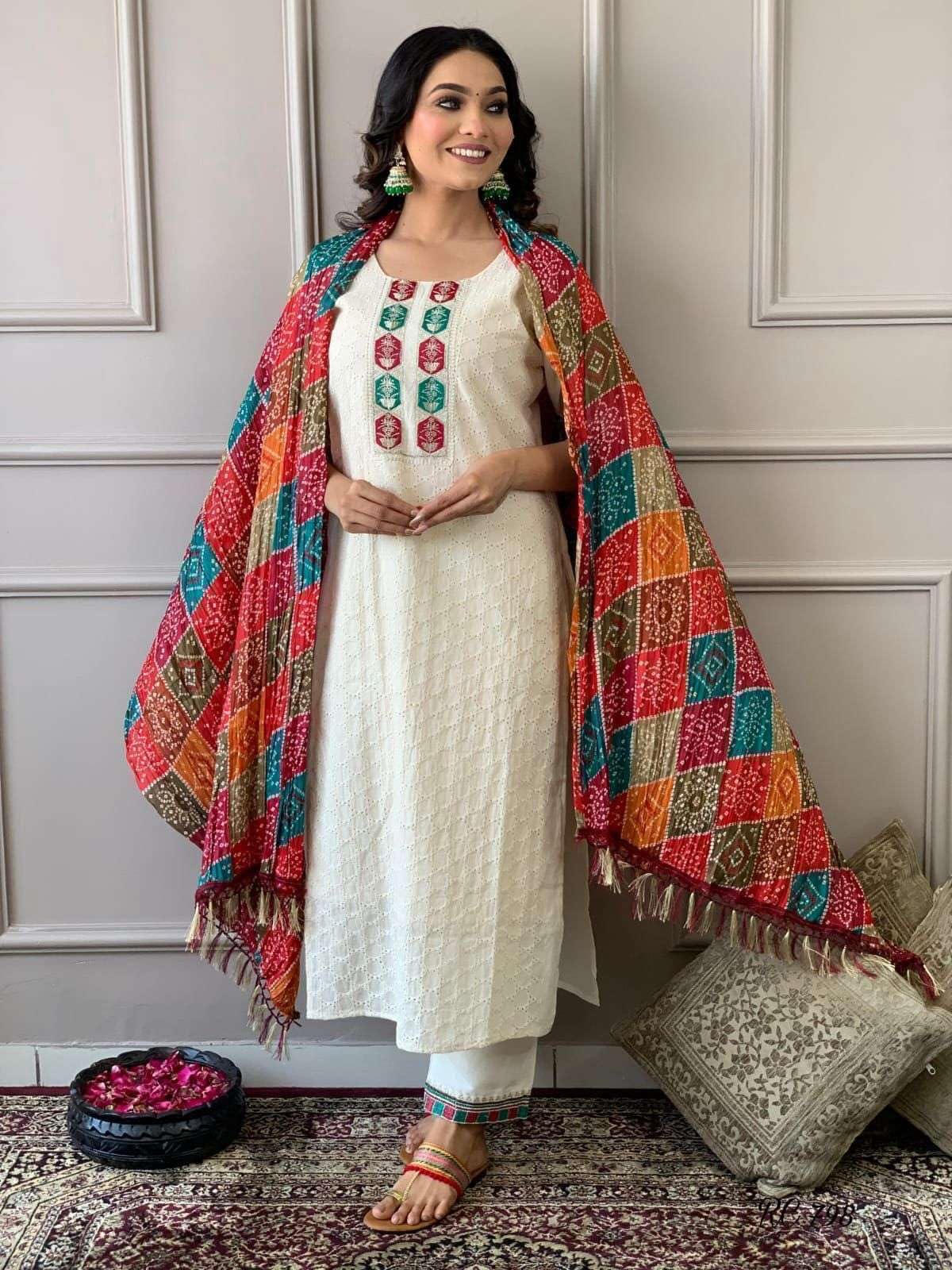 Women's Cotton Chikankari Print Straight Kurti with Pant andMulmul Dupatta Set