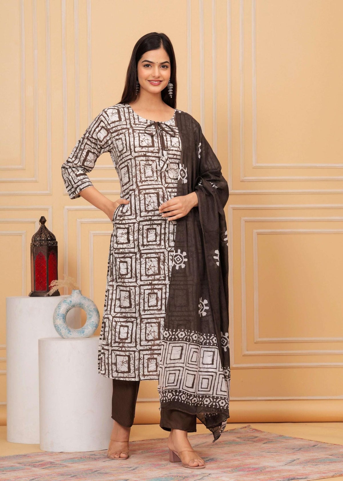 Women's Cotton Hand Block Printed Straight Kurti with Pant and Printed Dupatta