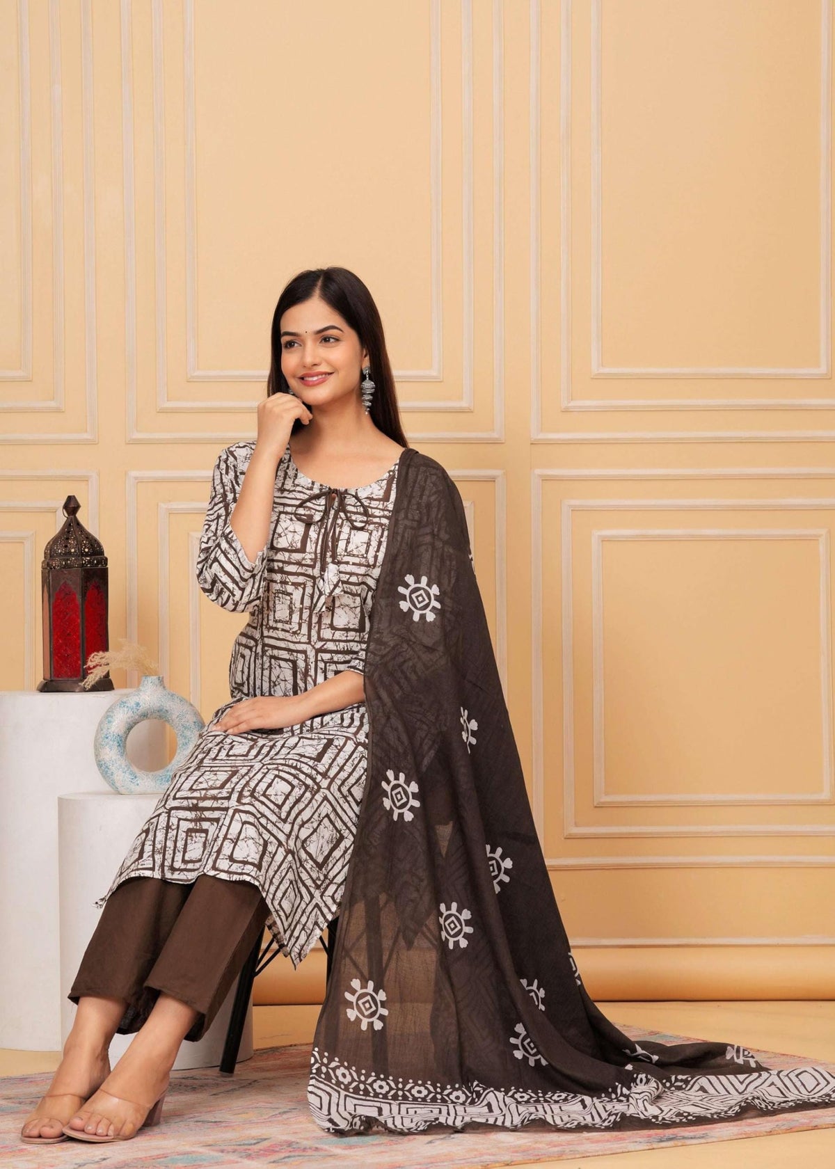 Women's Cotton Hand Block Printed Straight Kurti with Pant and Printed Dupatta
