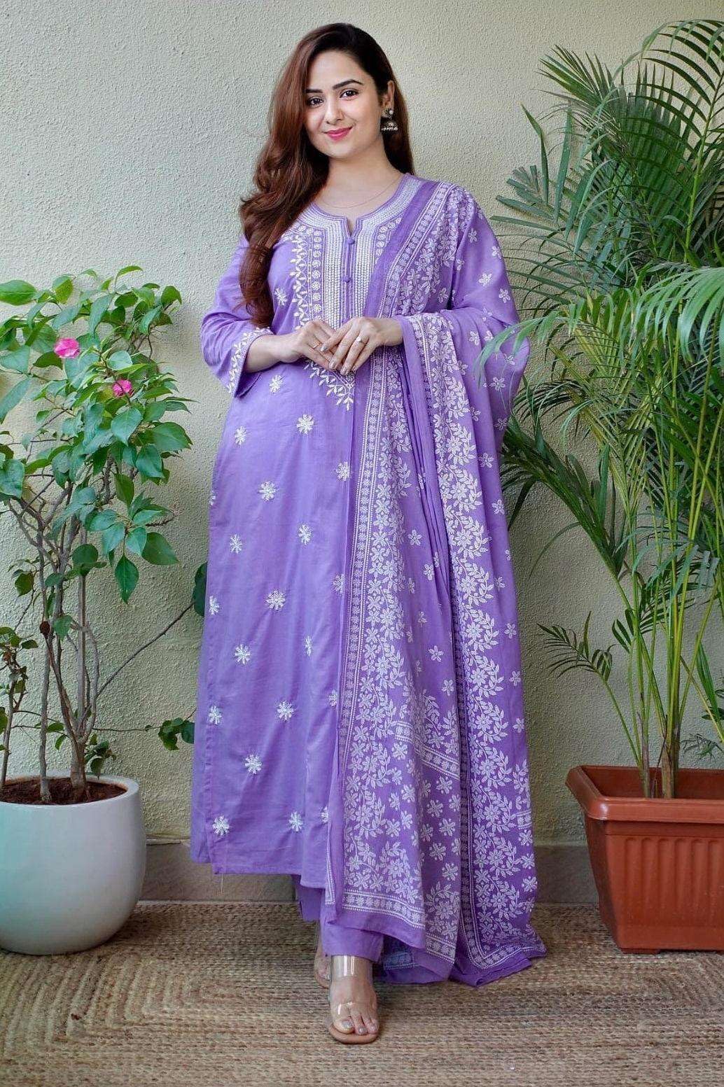 Women’s Cotton Floral Printed Straight Kurti With Pant and Dupatta (Lavender)