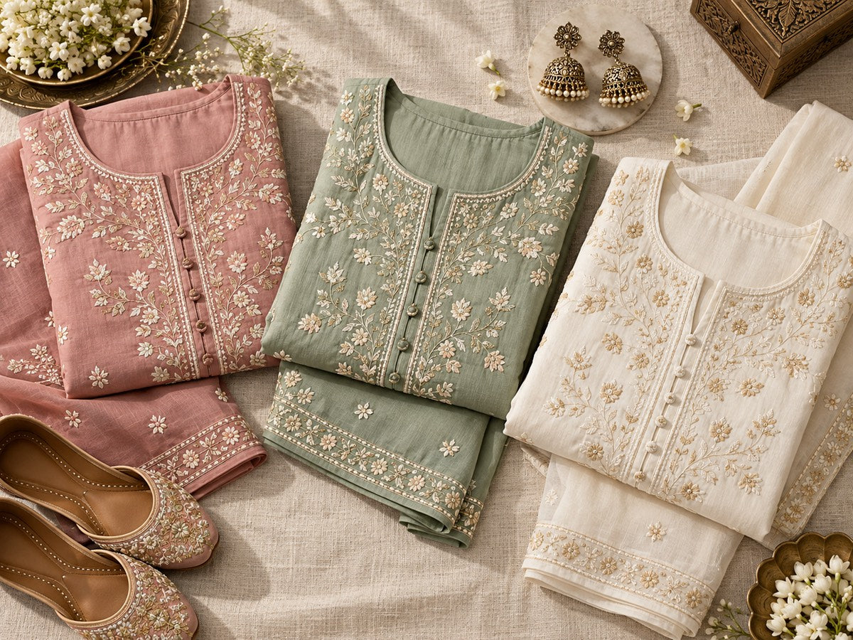 Folded embroidered kurta sets with juttis and jhumka earrings