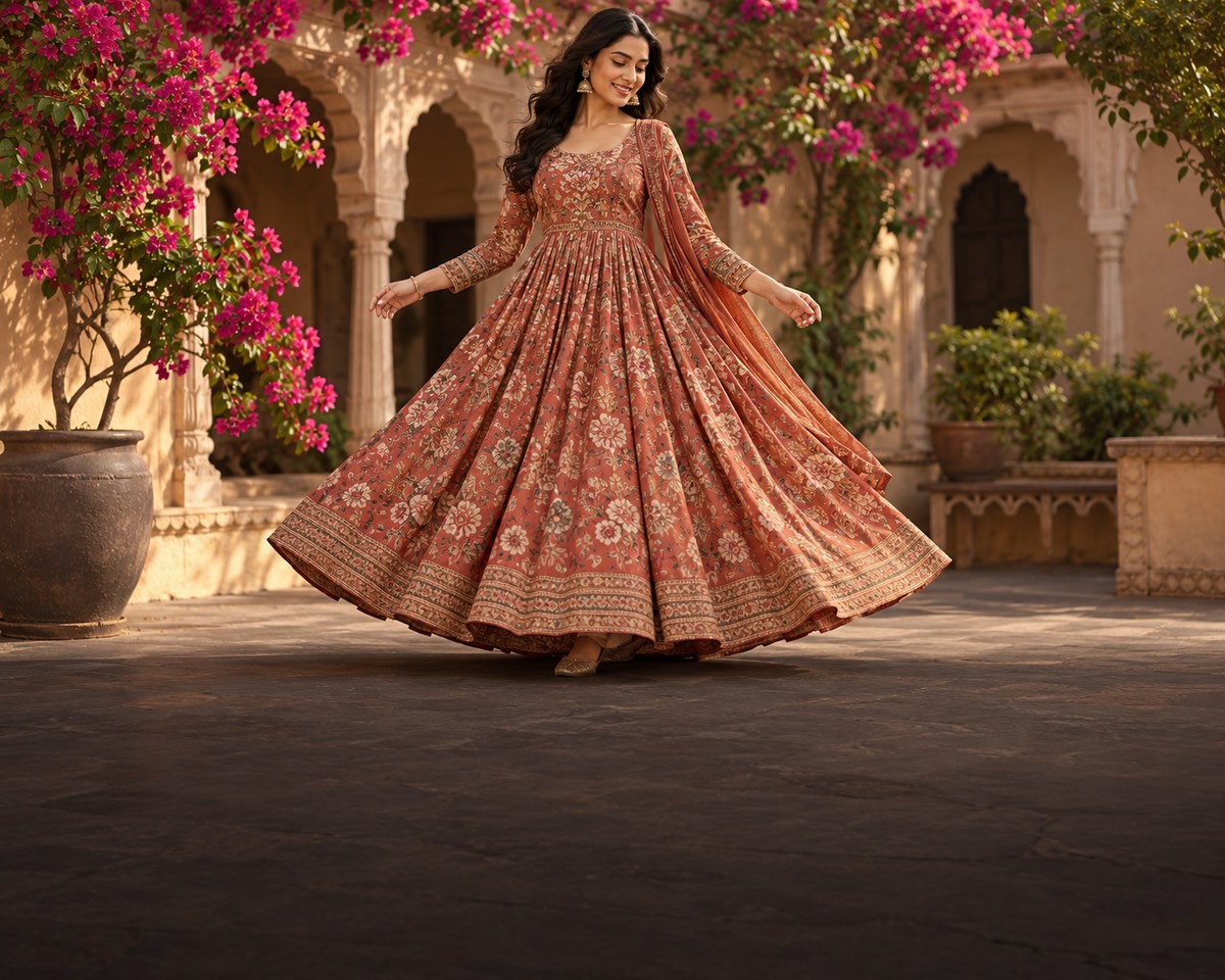 A model in a floral print Anarkali