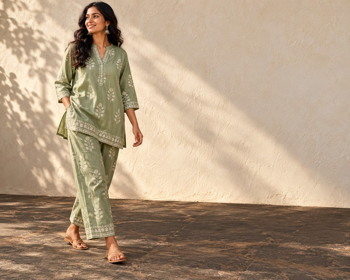 A model in a matching two piece cotton co-ord set