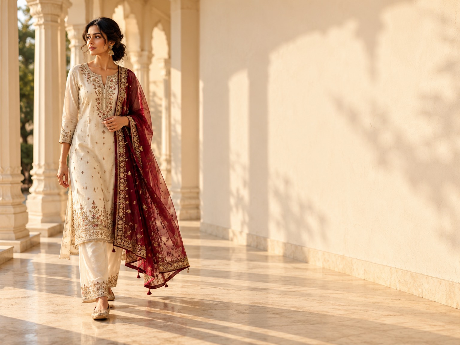 A model in an ivory embroidered kurta set with a burgundy dupatta