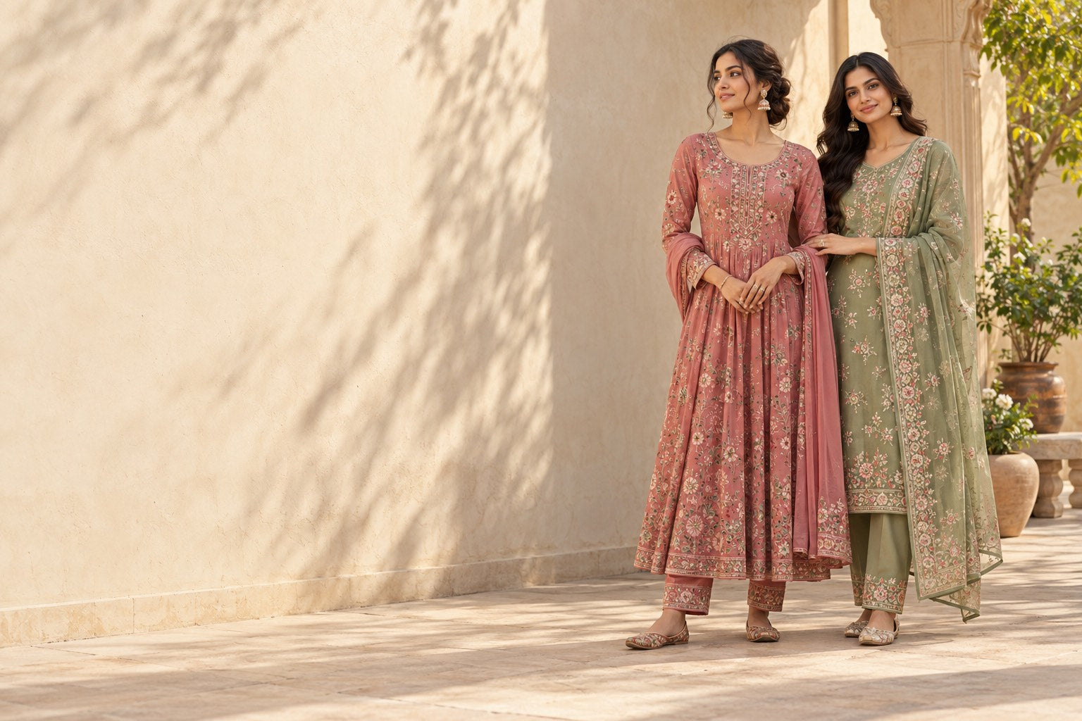Two models in embroidered kurta sets, one in a floral Anarkali and one in a green kurta with a dupatta