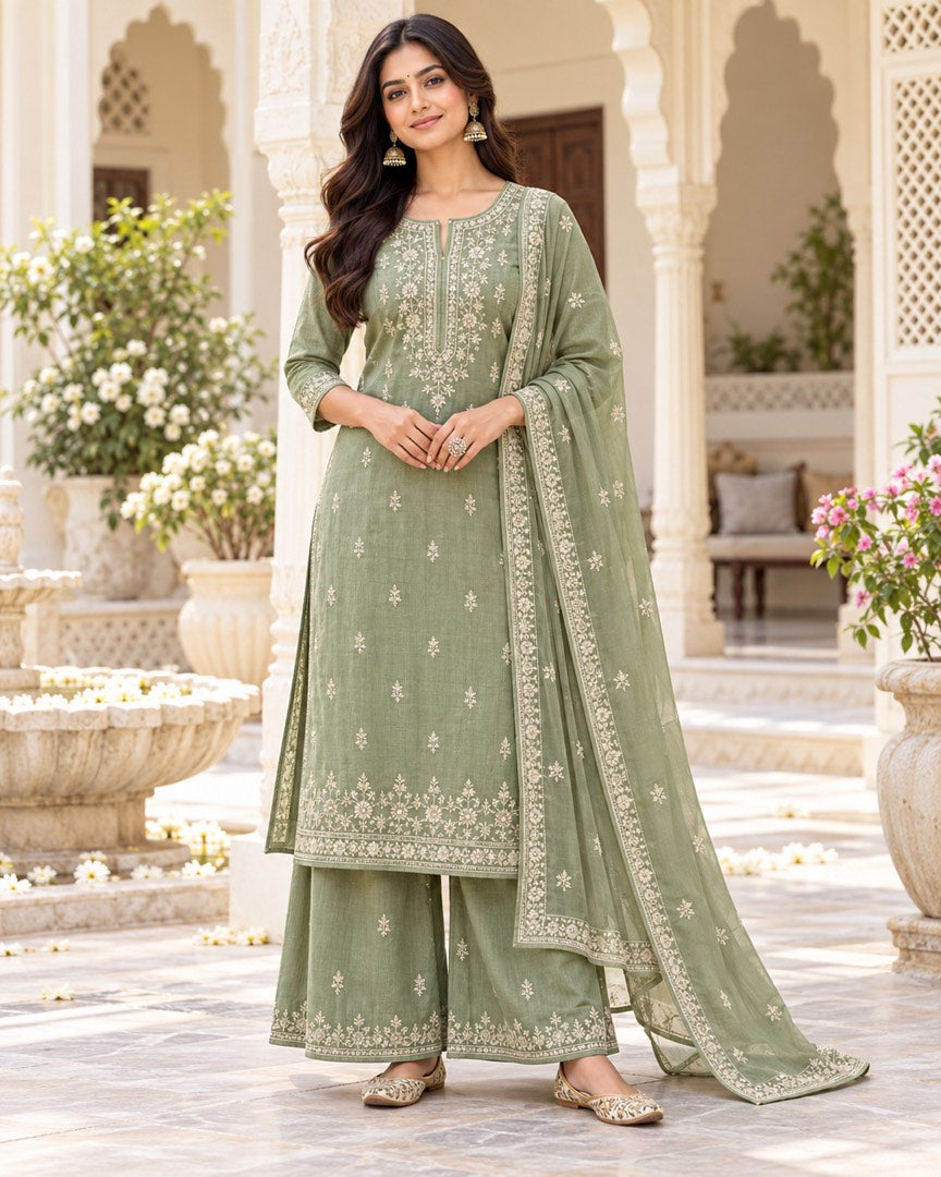A model wearing a complete kurta, palazzo and dupatta set