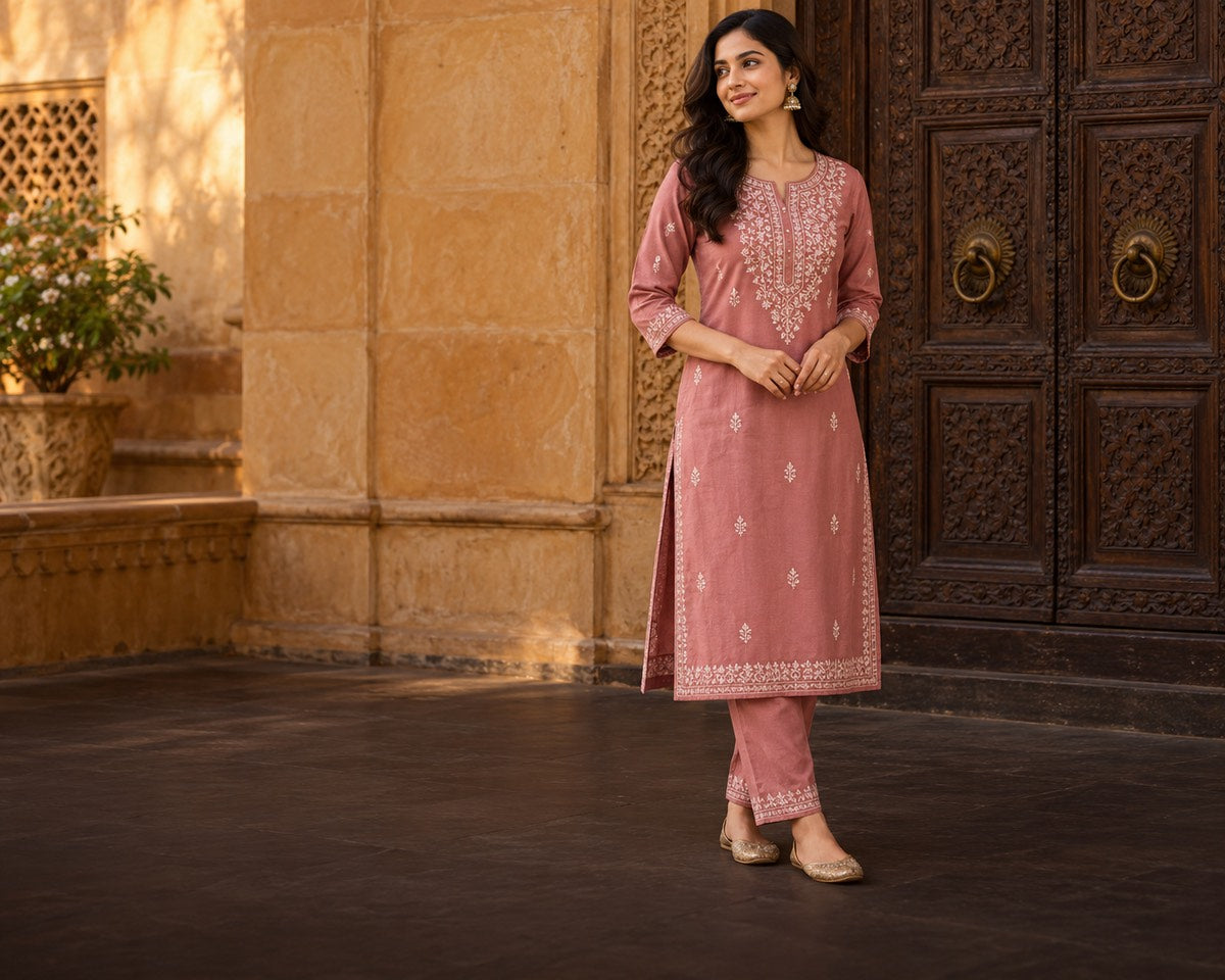A model in an embroidered cotton kurti with matching pant