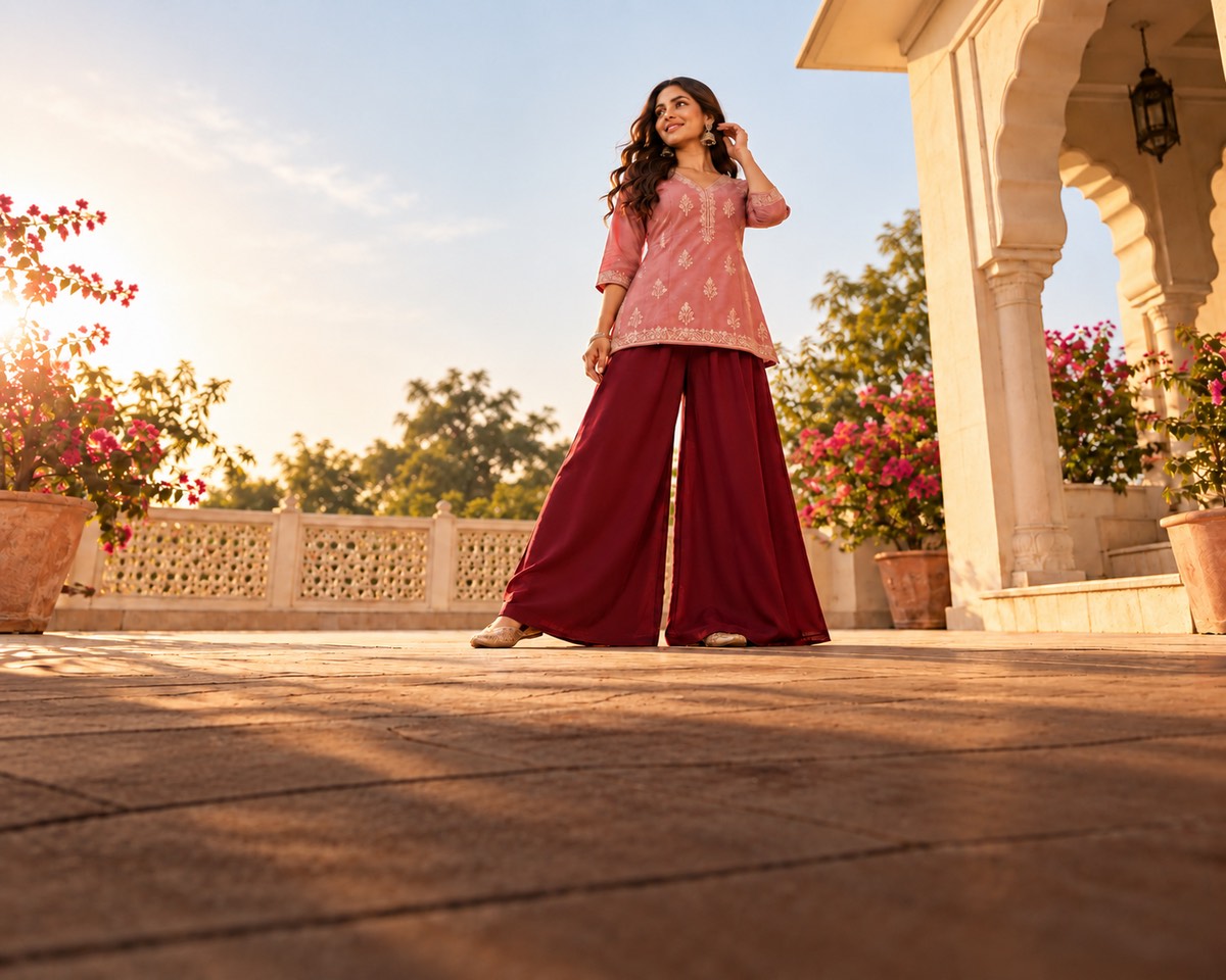 A model in a short kurti with wide leg palazzo trousers