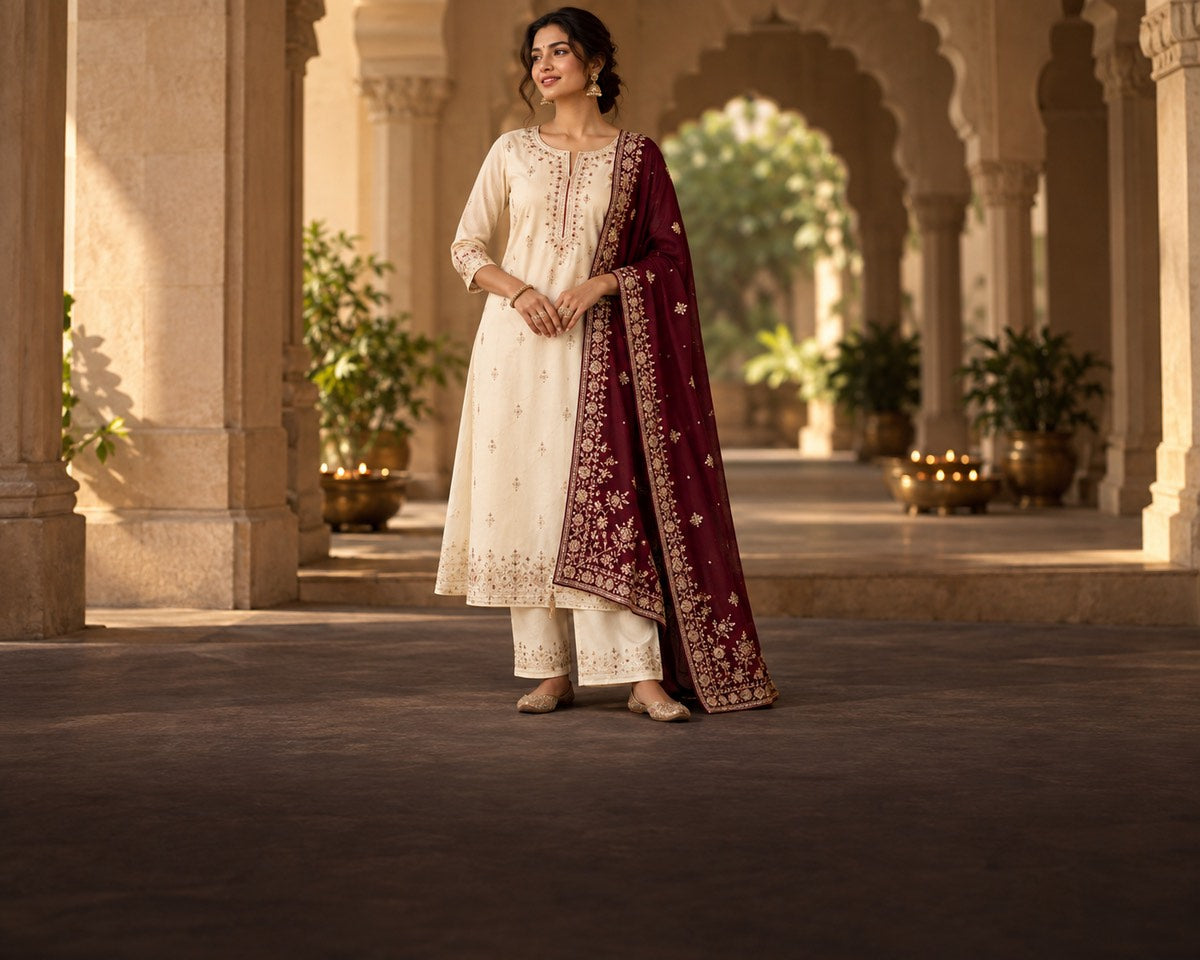A model in an ivory kurta set with an embroidered dupatta